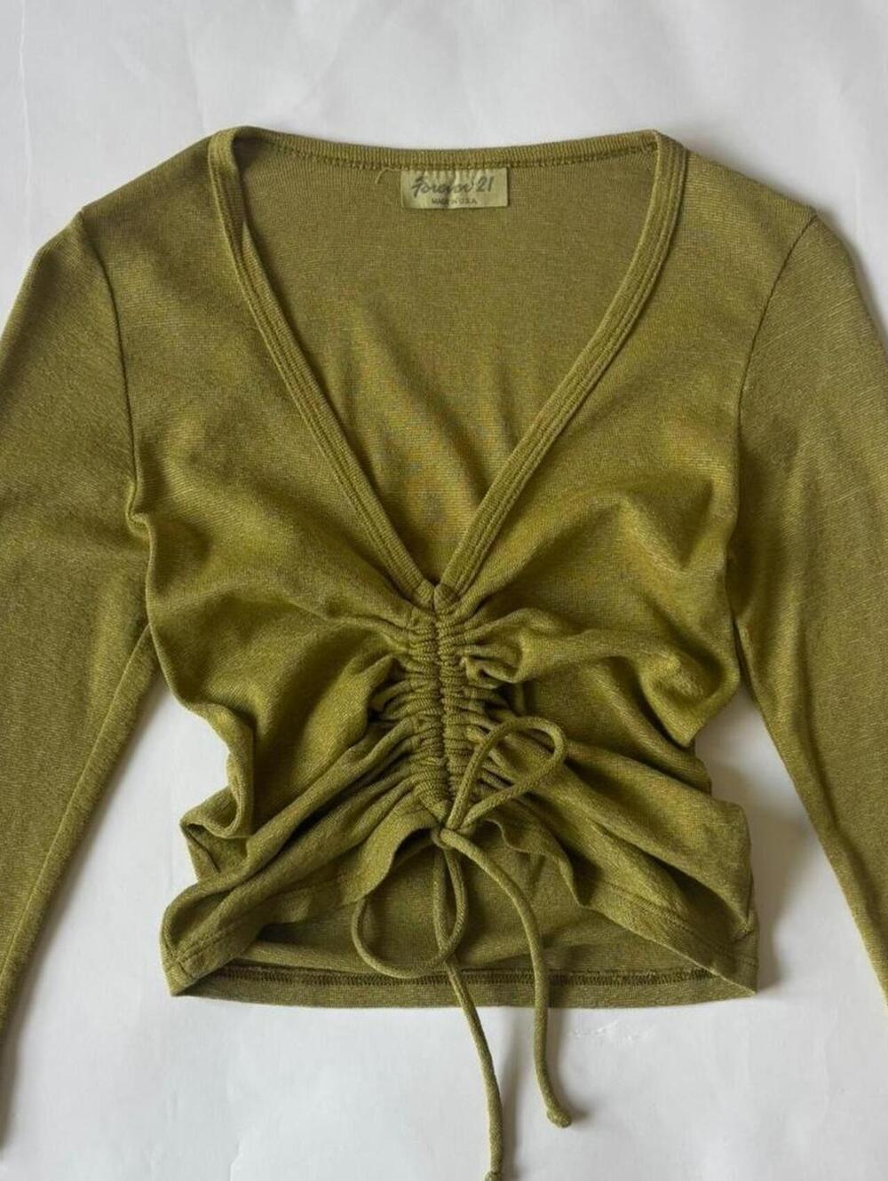 Forever 21 Olive Green Ruched Drawstring V-Neck Top Small Y2K Made in USA